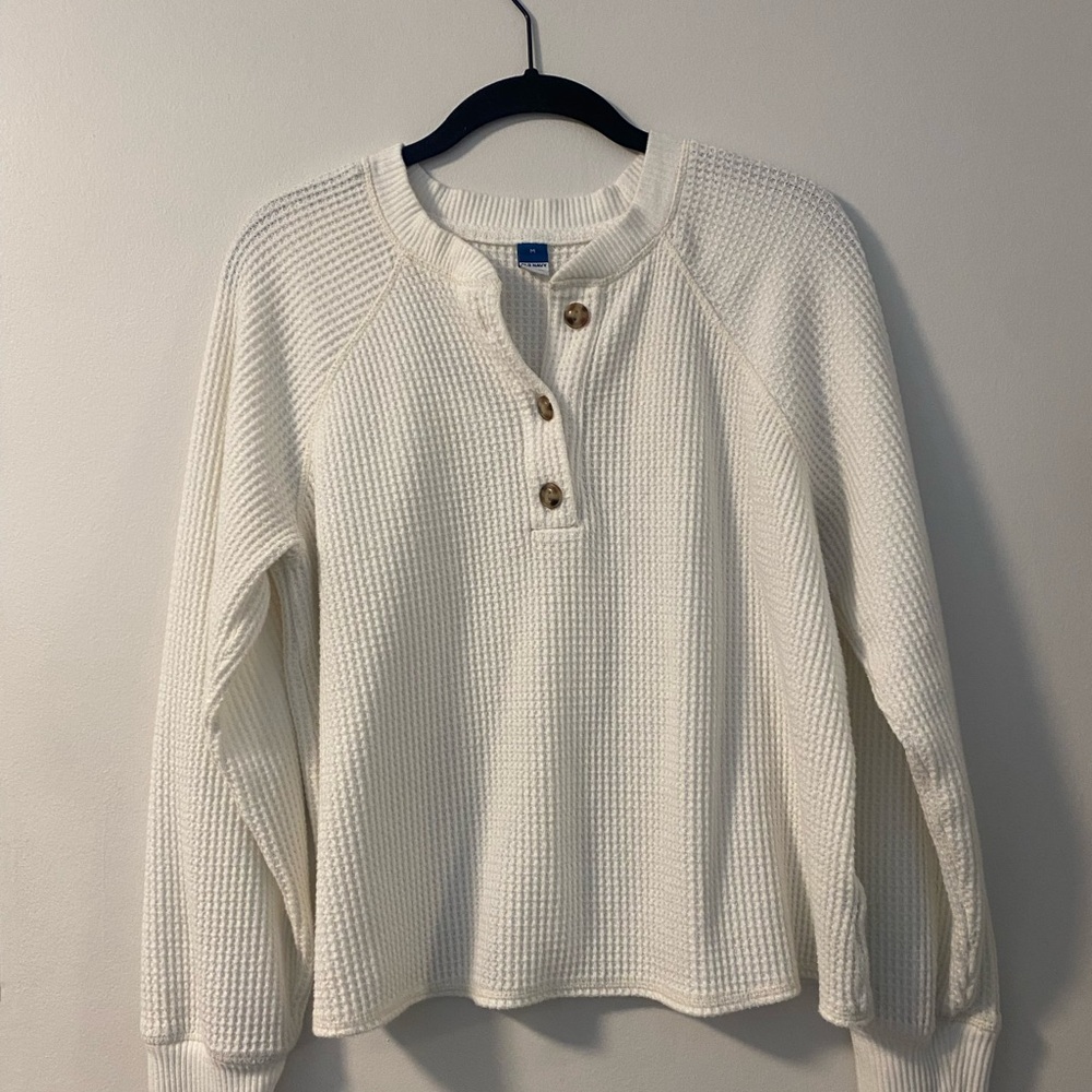 White Waffle Knit Henley Sweater